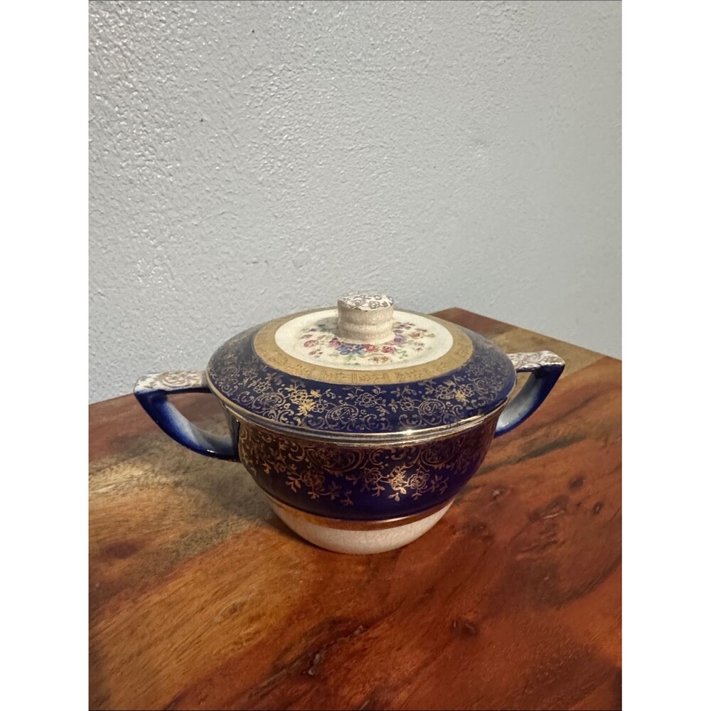 Vintage Salem Century Cobalt Blue Sugar Bowl 23K Gold Filigree Fine China w Lid